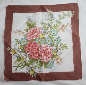Vintage Hanky Handkerchief ~ Brown Border and Pink Blue and Yellow Flower Design - Picture 1 of 4