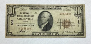 Serie banconota da 10 dollari 1929 National Exchange Bank Greenville Texas - Foto 1 di 8