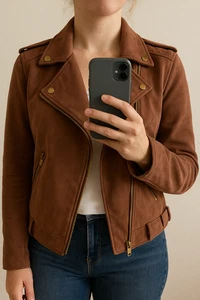 Primark Faux Suede Biker Jacket | Chocolate Brown | Size 14 | Gold Zip SKU CR01 - Bild 1 von 7