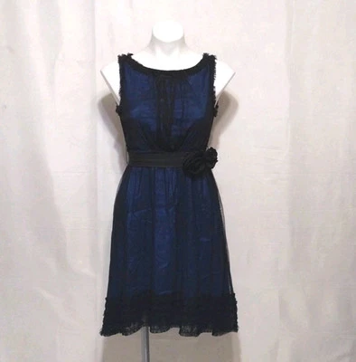 Moulinette Soeurs Anthropologie Ruffled Trim Black Lace Overlays Navy Blue Dress - Image 1 of 4