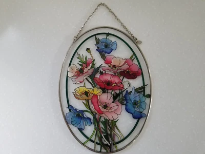 Amia Oval Hand Painted Floral Stained Glass Window Suncatcher 9" x 6 1/2" - Image 1 of 4