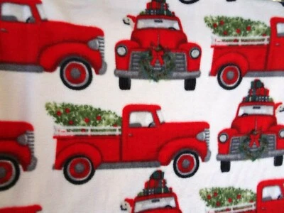 MANTA POLAR HECHA A MANO SIN COSER-46" X 52"-CAMIONES ROJOS-ÁRBOLES DE NAVIDAD EN ROJO Foto 1 de 4