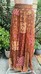 TREE Of Life Boho Hippie Patchwork Brown Pink Floral Loose Pants W/ Waist Tie S - Picture 1 of 9