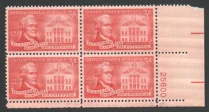Estampillas de 3 centavos vintage sin usar en bloque de franqueo de Estados Unidos ALEXANDER HAMILTON BICENTENARIO - Imagen 1 de 2