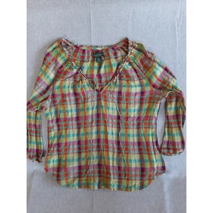 Blusa Lauren Jeans Co. Ralph Lauren Mujer Grande Arrugada Escocesa Cuello en V Corbata Volantes - Imagen 1 de 8