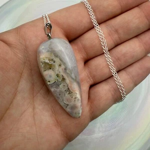 Flower Agate Pendant Necklace Teardrop Stone Silver Chain Women's Jewelry - Picture 1 of 1