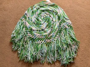 Vintage Knit Crochet Fringed Shawl Wrap Poncho Festival Cape Sweater Hippy Green - Picture 1 of 7