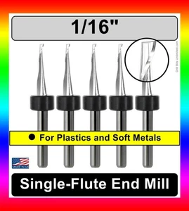 5x 1/16" 1-Flute Single Flute End Mill 1/8 Shank - For Plastics & Soft Metals - Picture 1 of 3