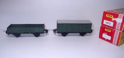 Trix Express 3407 + 3413 – Two Rare Construction Train Cars in Green, Never Used, Original Packaging - Image 1 of 4