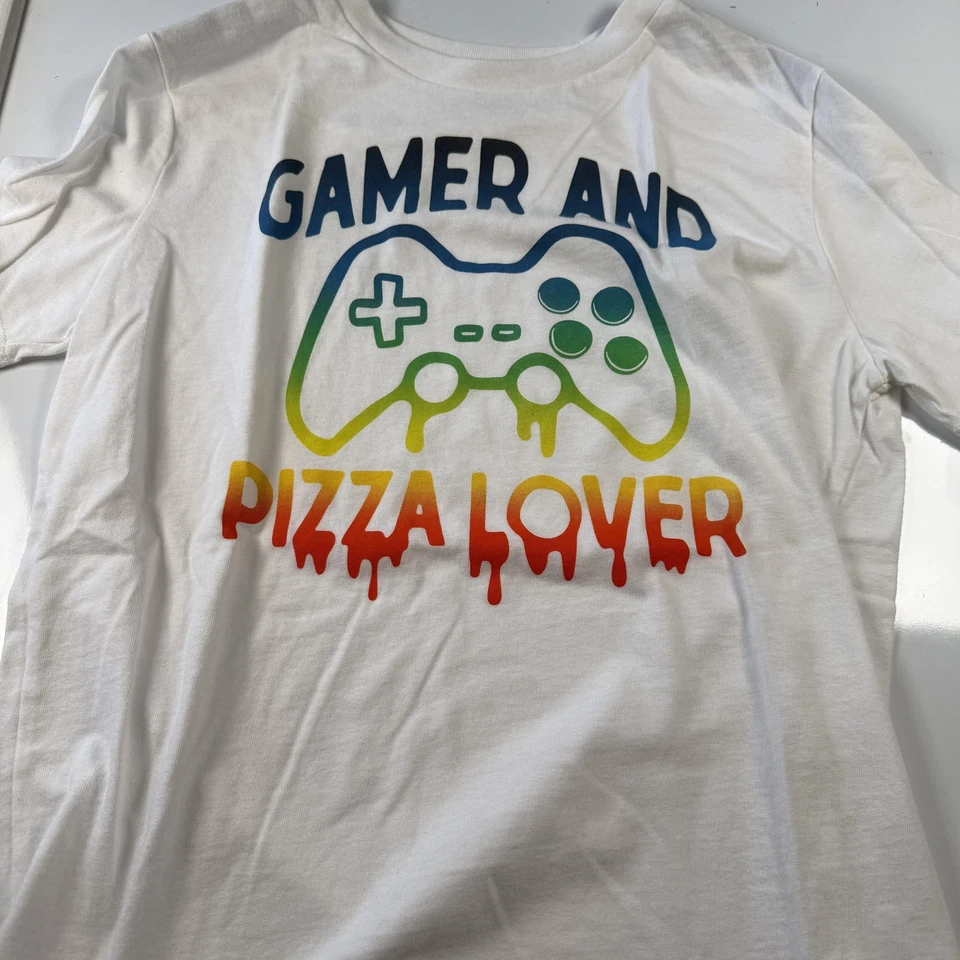 Camisa Antigua Azul Marino Juvenil Grande 10-12 Blanca Gamer y Amante de la Pizza Camiseta Gráfica Niños Foto 1 de 3