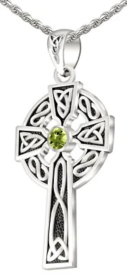1.5in 0.925 Sterling Silver Celtic Knot Cross Peridot August Pendant Necklace  - Image 1 of 4