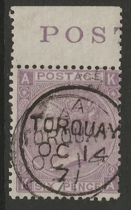 GB QV 1869 6d mauve plate 9 pl9 KA sg109 J77 TORQUAY cds postmark selvedge - Picture 1 of 2