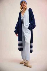 Cárdigan Free People Por Yarda Largo Cinturón Lana Azul Marino Talla XL - Imagen 1 de 4