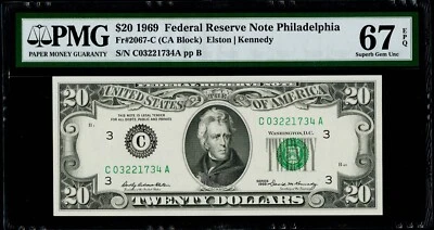 $20 1969 Federal Reserve Note Philadelphia PMG 67 EPQ Superb Gem Uncirculated - Image 1 of 3