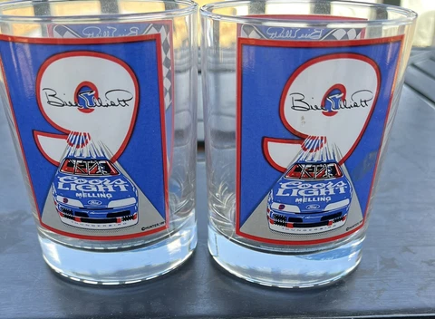 Vintage Bill Elliott Coors Light  Glass Drinking Glasses. Lot Of 2 Matching Cover
