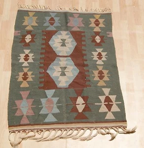 ALFOMBRA DECORATIVA KELIM TURCA TEJIDA A MANO 20+ ALFOMBRA RECTANGULAR LANA VERDE 3X4 pies. - Imagen 1 de 3