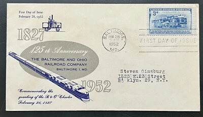 1952 BALTIMORE AND OHIO RAILROAD COMPANY 125TH ANNIVERSARY CACHETED FDC COVER - Image 1 of 3
