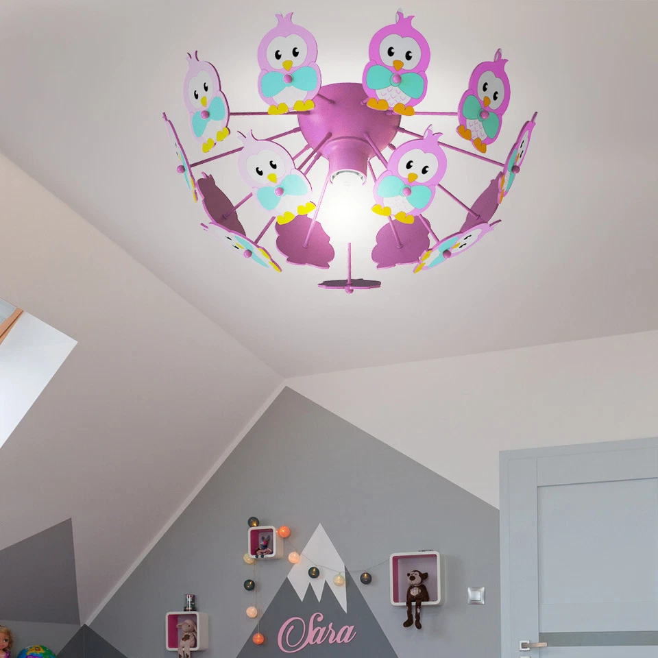Kinderzimmerlampe Deckenleuchte Kinderlampe 15x Eulen Holz rosa Deckenlampe E27 - Bild 1 von 4