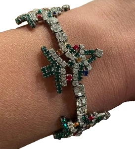 Vtg Rhinestone Christmas Tree Cuff Bracelet Multicolor Holiday Costume Jewelry - Picture 1 of 6