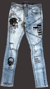 Ninth Hall Rogue Jeans Sz 30 Graffiti Denim w/Clover, Barbed Wire, Global Prints - Picture 1 of 23