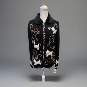 Kikit Christmas Scottie Dog Cardigan M Embellished Removable Collar 1990’s NWT - Picture 1 of 9