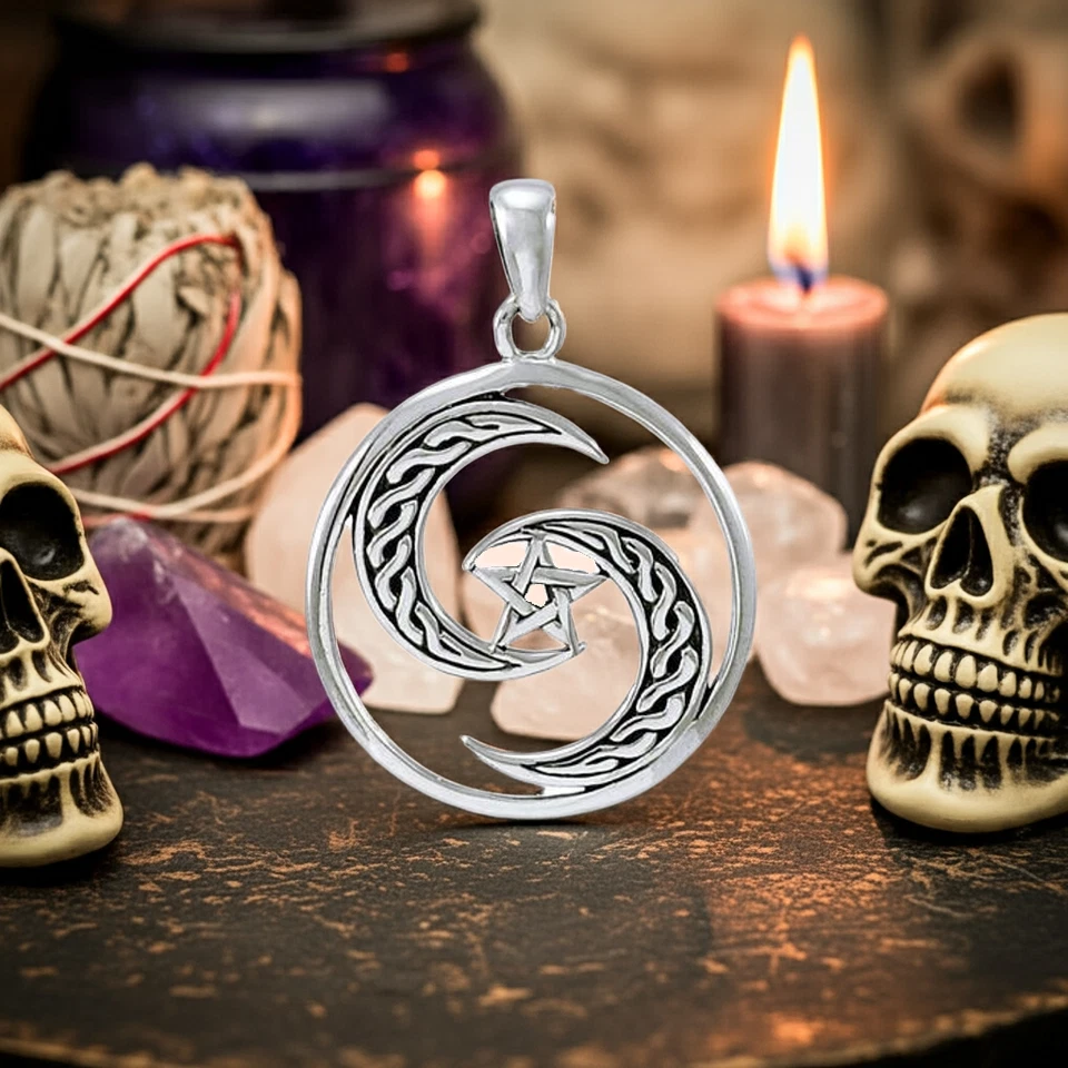 Celtic Knotwork Crescent Moons Pentagram Protection Sterling Silver Pendant - Image 1 of 2