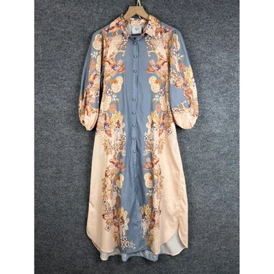 Aje. Floral Print Silk Blend Midi Shirt Dress Puff Sleeve Button Front Split Hem - Image 1 of 4