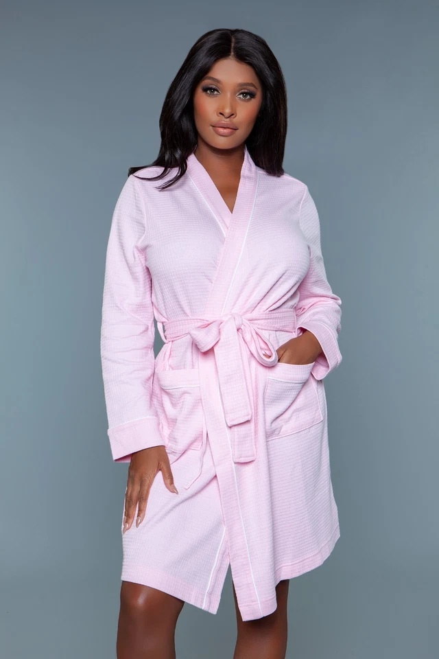 sexy BE WICKED long SLEEVE waffle KNEE length TIE waist SIDE pockets BATH robe - Image 1 of 1