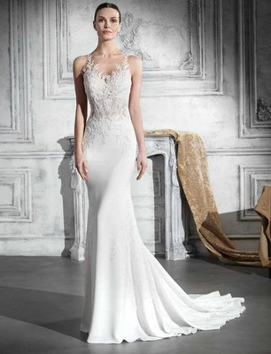 Crepe Brautkleid Hochzeitskleid Perlen 32-60 m.Spitze Schleppe Illusion Korsage - Bild 1 von 4