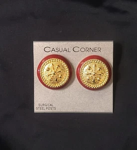Casual Corner 1980s Vintage Post  Earrings Gold Maroon Button Enamel Signed  NOS - Picture 1 of 5