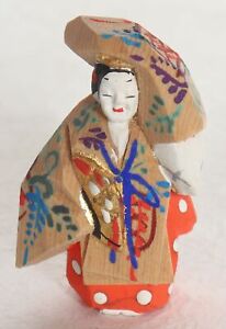 Japanese Wood Carving Noh Dance Doll Figurine Ornament H4cm 1.57" with Box Vtg