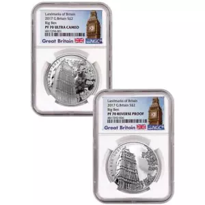 2017 Großbritannien Wahrzeichen Großbritanniens - Big Ben 2-Münzset 1 Unze Silber £ 2 C... - Bild 1 von 2