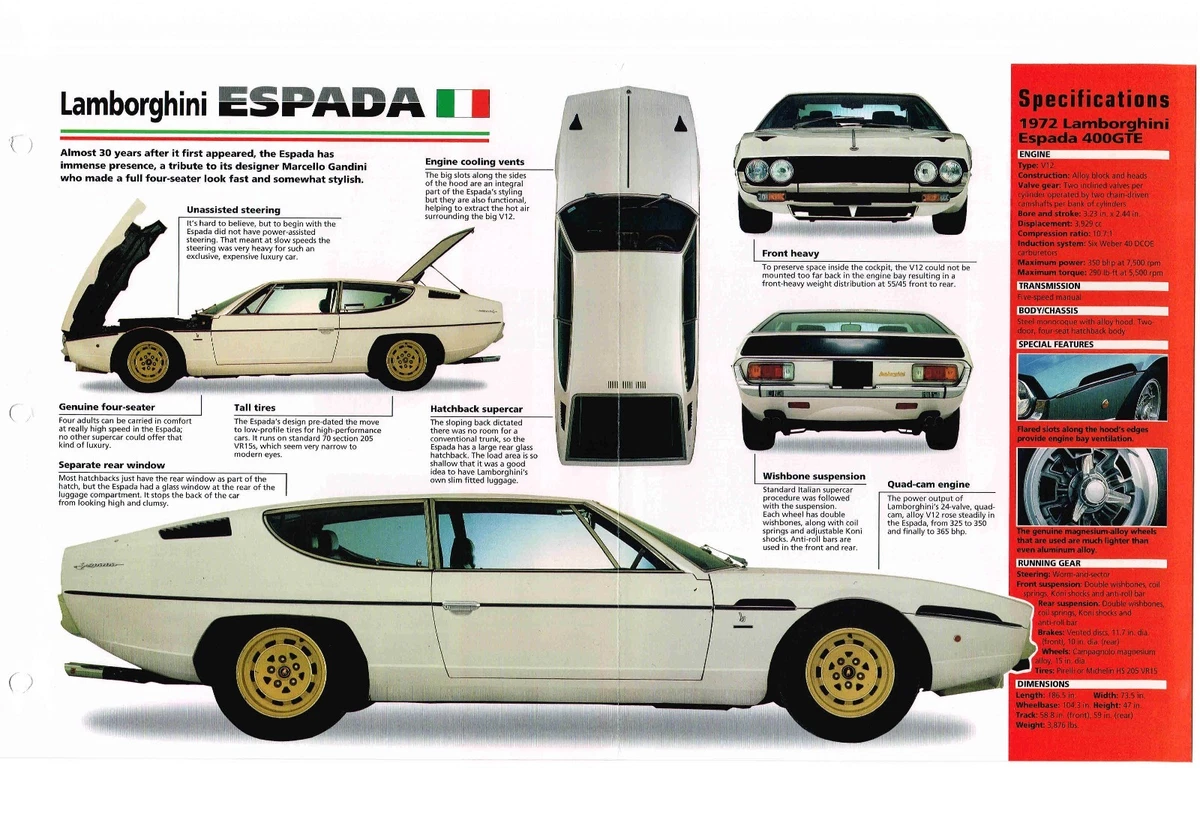 LAMBORGHINI ESPADA SPEC SHEET / Brochure / Catalog: 1971,1972,1973