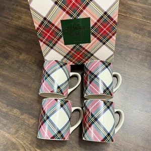 POTTERY BARN STEWART PLAID STONEWARE MUGS, SET OF 4 ~ WHITE - Picture 1 of 9