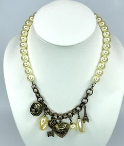 1928 Faux Pearl Necklace Puffy Heart Eiffel Tower Skelton Key Cameo Charms 17.5" - Picture 1 of 9