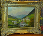 Paintings, oil on plate, mountain village with church, decorative frame, sign. Faust