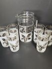Vintage ITALY Glass Pitcher and 6 Tumbler Glasses - White Wheat Gold Band