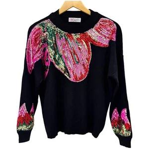 Ms. Bling Women's Black Sequin Embellished Sweater Size Medium Sparkle Shine - Picture 1 of 6