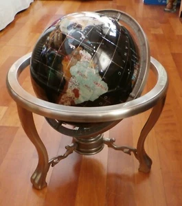 14" BLACK Ocean Tripod Gemstone GLOBE Moves World Map Inlaid Lapis Gems Table - Picture 1 of 9