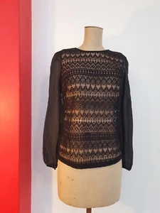 Jigsaw Blouse Shirt Top Black Lace & Silk Sleeves Size 8 - Picture 1 of 12