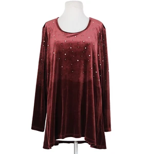 Quacker Factory NEW Sz L Red Burgundy Rhinestones Velour Poly Spandex Sweater - Picture 1 of 17