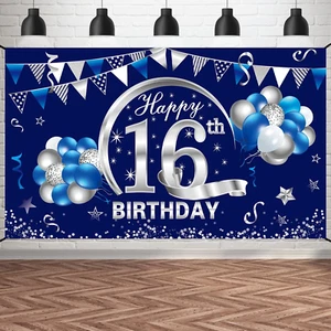 Blue Silver 16Th Birthday Banner Decorations for Boy - Happy 16 Birthday Backdro - Picture 1 of 6