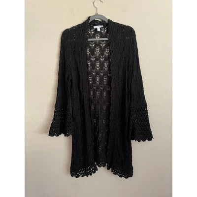 Cárdigan largo tejido a ganchillo negro Isaac Mizrahi suéter abierto bruja whimisgoth M Foto 1 de 4