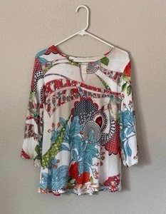 Chicos Top Femme 2 Multicolore Floral Boho Manches 3/4 Rayonne Stretch - Photo 1/8