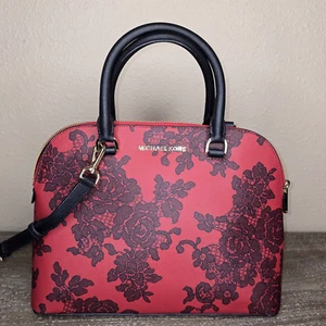 Michael Kors Cindy Scarlet Saffiano Large Dome Satchel Purse Black Roses Lace - Picture 1 of 20