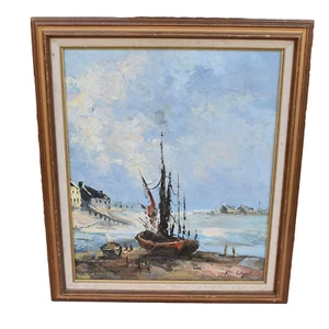 Post impressionist oil on canvas coastal scene with sailboat signed " P. Vogel" - Picture 1 of 8