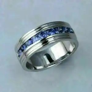 14k White Gold Plated 1Ct Round Cut Blue Tanzanite Men's Wedding Band Ring - Picture 1 of 7