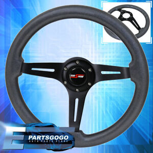 345mm Deep Dish Steering Wheel Black Center Gunmetal Wood + Godsnow Horn Button