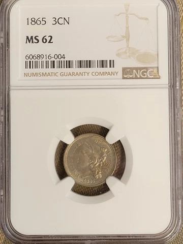 1865 us 3 cent nickel NGC MS62 Cover