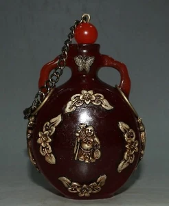 4" Old Chinese Rea Amber Carved Flower Buddha Pattern 2 Ear Snuff Bottle H131 - Picture 1 of 9